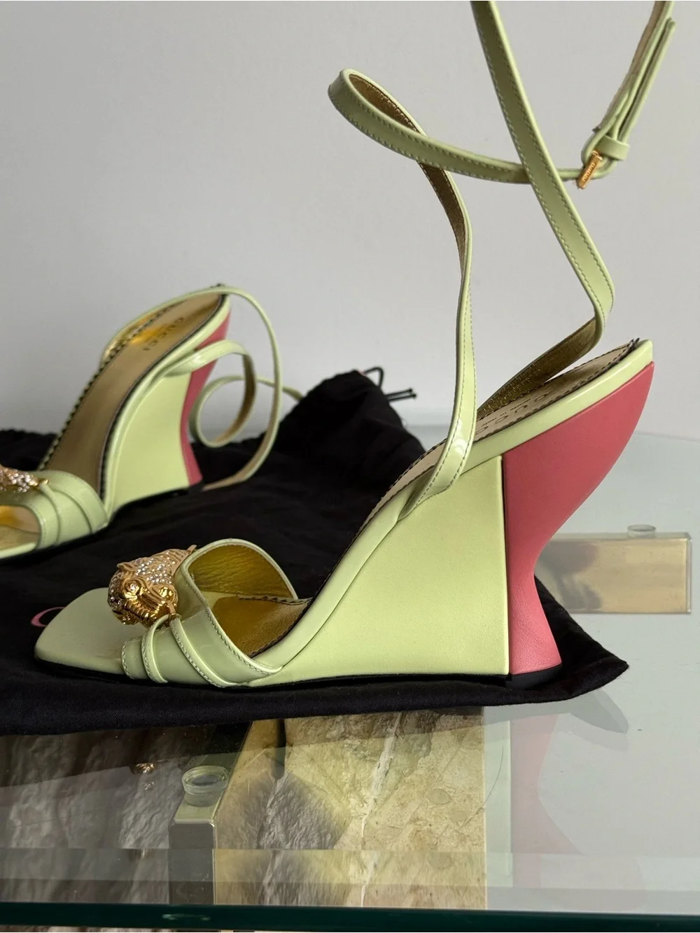 Gucci Women's Pale Green Embellished Strappy Wedge Sandals